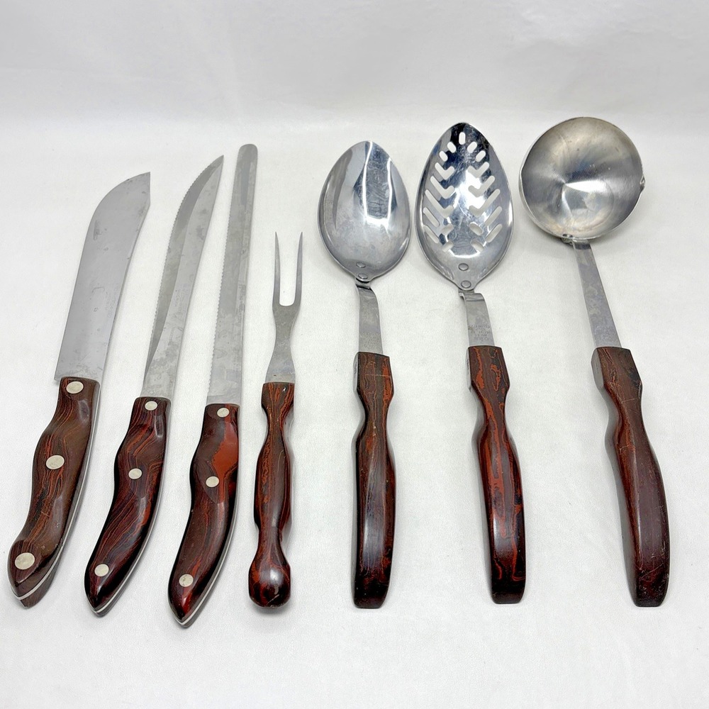 Cutco Knives 1022 1023 1024 Fork Spoons Ladle Lot of 7 Brown Handle
